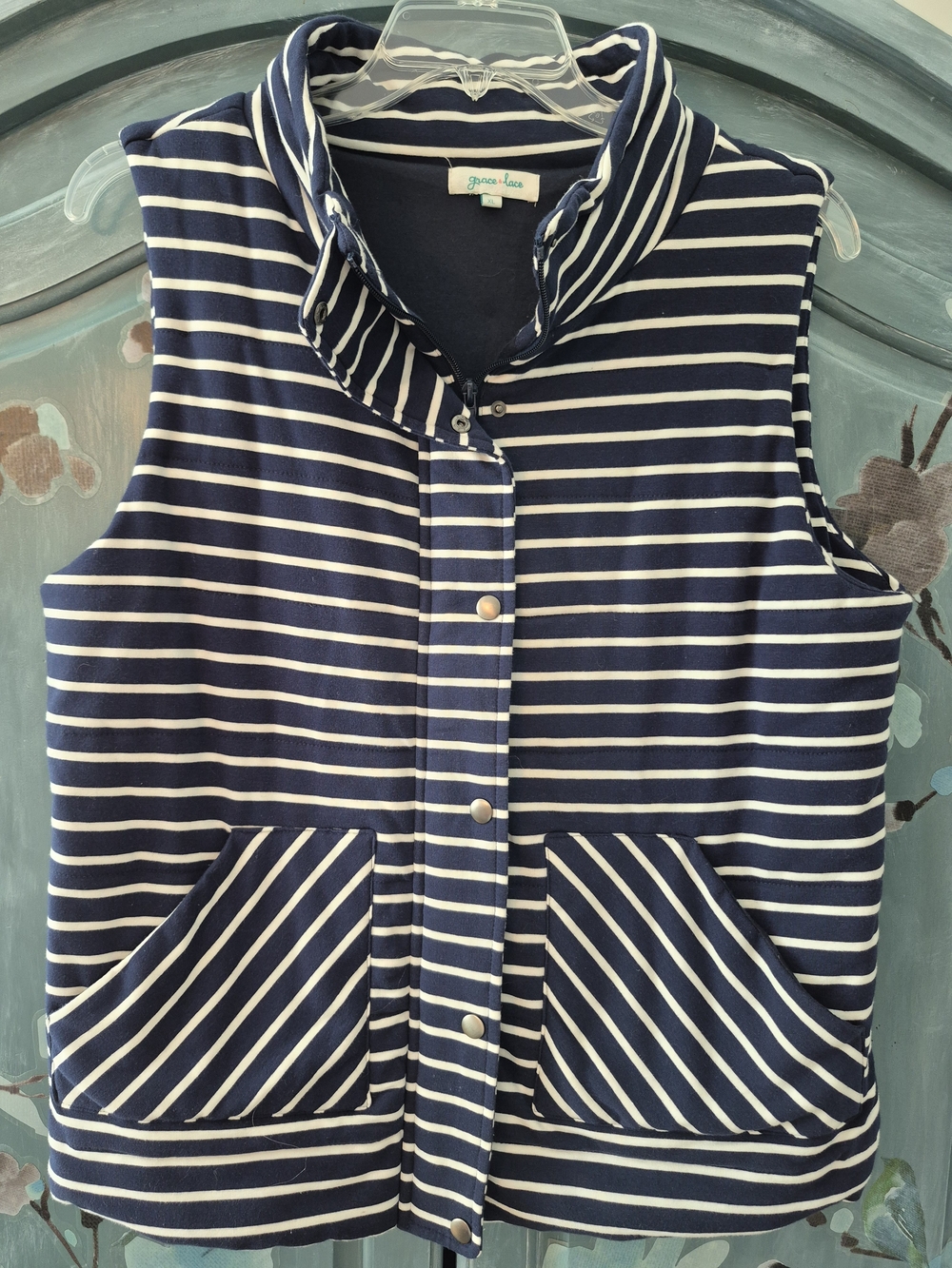 Grace & Lace Navy and White Striped Sleeveless Hoodie Vest